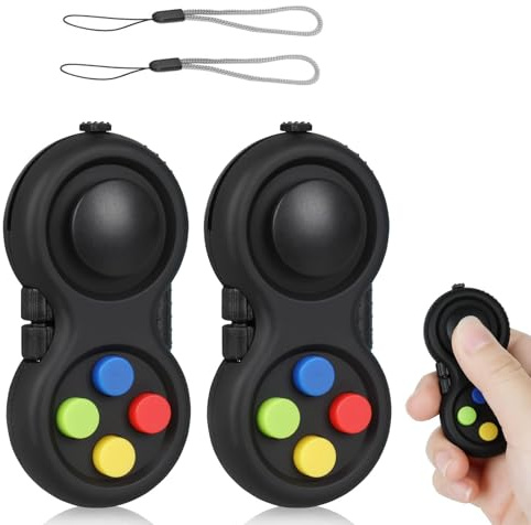 2Pcs Fidget Pad Controller with 8 Sensory Functions | Handheld Stress Relief Toy for ADHD, Autism & Anxiety, Portable Pocket Desk Toy for Adults, Silent & Audible Clicking (Black)