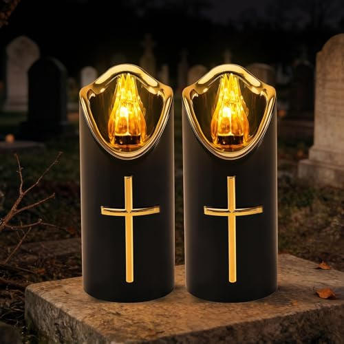 ASOFTY 2 Stück LED Grablichter für Draußen, LED Kerzen Grablicht, Grabkerzen, Wiederverwendbar Friedhofskerze Gedenkkerze, Grableuchte für Religiöse und Gedenken
