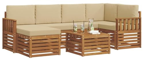 vidaXL Sofagarnituren 7 pcs Natur und Beige Massivholz Akazie, Gartenmöbel, modernes Sofa für draußen, modulare Loungemöbel, langlebige Terrassensitze und Komfort