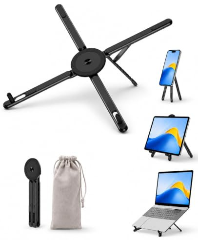 Urmust Laptop Ständer 3-in-1, Klappbar, Magnetischer Handyhalter Schwarz | Aluminium-Ständer für Laptop, Tablet, Handy & Monitor bis 16 Zoll, magnetisch, faltbar, mit Magnetring, für Büro & Reise