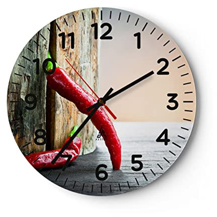 Modern Wanduhr Chili Gewürz Gemüse 40x40cm Rund Groß Wand Uhr Glas Analog Zimmeruhren Küche Büro Wohnzimmer Glasuhr Wall Clock Dekoration Design Wanddekoration Küchenuhr C4AR40x40-2264