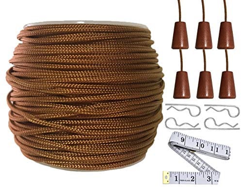 Y-Axis Roll of 60 Yards 2.0mm Light Brown (Bronze) Braided Nylon Lift Shade Cord with 6 Pack Brown Wood Cord Knobs + Soft Tape