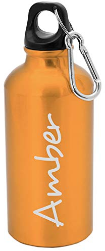 eBuyGB Personalised Any Name Lightweight Reusable Custom Engraved 400ml Aluminium Sports Water Bottle with Screw Cap & Carabiner (Orange - Stylish)