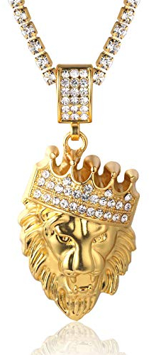 Halukakah ● Kings Landing ● Goldkette für Männer 18 Karat Echt Vergoldet Iced Out Kronlöwe Anhänger Halskette,Volle Cz Labordiamanten Zinken-Set,mit 3mm Baby Tennis Kette 50cm,KOSTENLOSE Geschenkbox