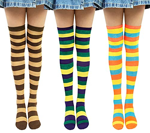 3 Paia Calze da Donna Sopra il Ginocchio Calzini da Ginocchio a Righe, Calzini Lunghi Calzettoni Cotone di Coscia Calze Stivali per Ragazze Donna Taglia unica Arancione Verde Kaki