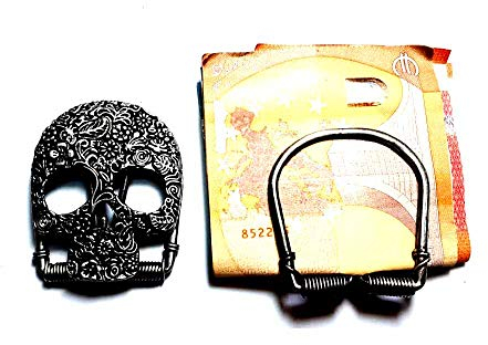 Handgefertigte Geldklammer, Höhe 6 cm, Liebhaber Totenkopf, Farbe wählbar, mit Federclip, Geldklammer für Herren, Schlüsselanhänger, Nasses Messing