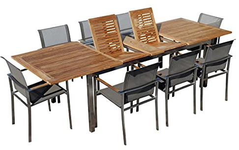 ALEOS. Gartengarnitur Edelstahl Teak Holz A-Grade Batyline Set Ausziehtisch 200-240-280 x 100 cm + 8 Sessel mit Batyline Bespannung Serie Kuba-BRAUN Gastroqualität