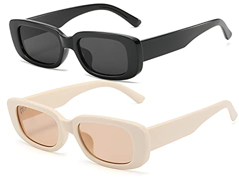 OSAGAMA Damen Rechteckige Sonnenbrille für Damen Herren Vintage Retro Rechteckige Mode Brille UV400 Schutz Schwarz+Beige