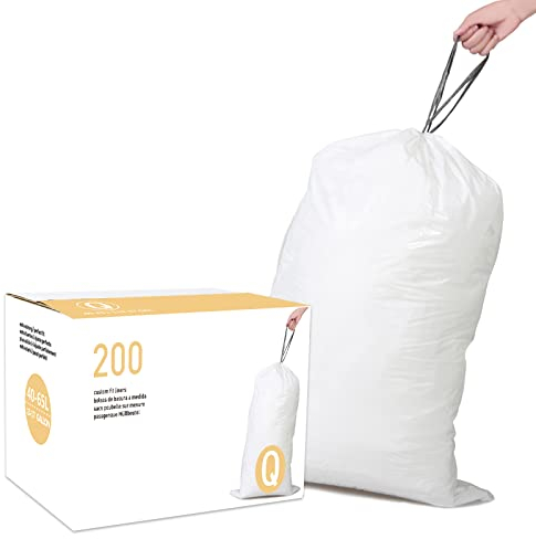 Code Q (200 Count) 13-17 Gallon Heavy Duty Drawstring Plastic Trash Bags Compatible with simplehuman Code Q | 1.2 Mil | White Garbage Can Liners 13-17 Gallon/40-65 Liter