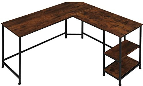 TecTake® Bureau d'angle 138 x 138 x 75,5 cm Table de Bureau Design Industriel en Bois MDF & Acier avec Rangement Table de Travail Bureaux Ordinateur Desk Teletravail, Tables en L, Bois foncé