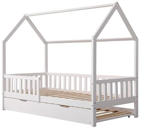 Happy Garden Cama de 190 x 90 cm, Color Blanco Martillo, Marco de Cama de Madera Maciza de Pino con somier de láminas, barrotes de Seguridad y Cama Nido