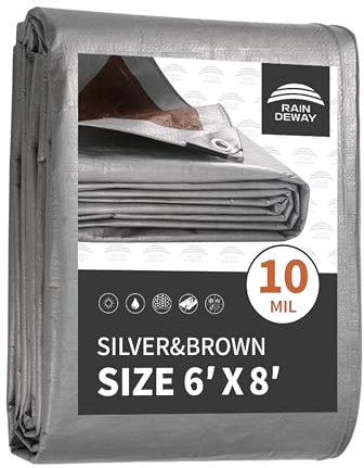 Tarps - Lona resistente al agua de 6 x 8 pies, cubierta de lona pequeña multiusos de 10 mil con ojales de metal y bordes reforzados, lona plateada/marrón RAINDEWAY