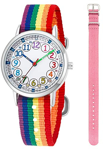 Orologio da polso analogico al quarzo per bambini, 2 pezzi, cinturino intercambiabile in tessuto, per imparare a leggere l'ora, Rosa+arcobaleno, Cinturino