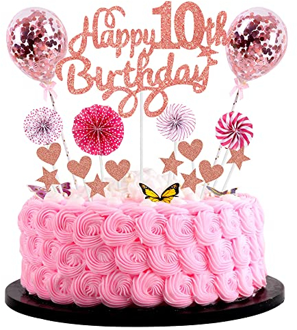 Happy 10th Birthday Cake Topper - Pink with Heart Star Balloon & Glitter for Girls