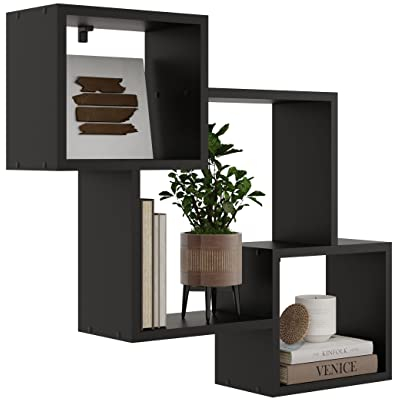 KUBUTKU Dekorativ Wandregal mit 3 Böden 78x71x18 Design Skandinavischer Modern für Wohnzimmer Küche Büro Schlafzimmer Badezimmer Hängeregal zur Präsentation Bücherregal (Schwarze)