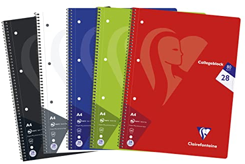 Clairefontaine 307228C - Packung mit 5 Heften / Collegeblöcken, DIN A4, 80 Blatt, 90g, kariert mit Doppelrand, Lineatur 28, Farben sortiert, 1 Pack
