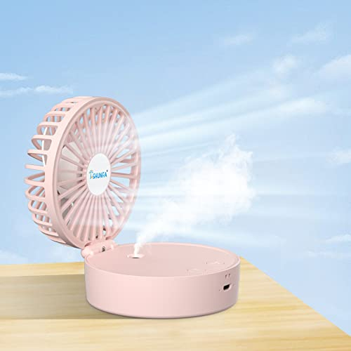 Mini ventilateur portatif avec brouillard rafraîchissant et batterie rechargeable, pliable, 7 couleurs, veilleuse USB, 3 vitesses, pour femmes, enfants (rose)
