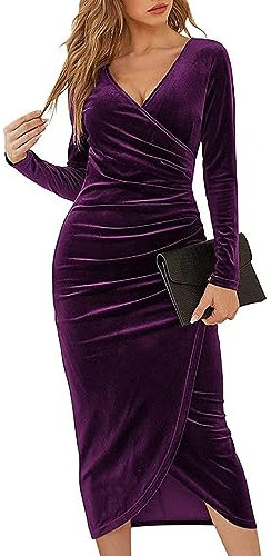 XIVISTO Robe Velours Femme Col en V Manches Longues Rétro Robe De Soirée Sexy Elegant Fête Cocktail Automne et Hiver