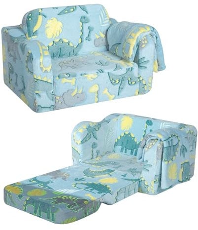 MeMoreCool Kids Couch Sofa, Folding Toddler Chair Bed, Soft Plush Fold Out Kids Armchair Sofa Glow in The Dark, Comfy Baby Recliner for Girls Boys, Glowing Dinosaur, Blue