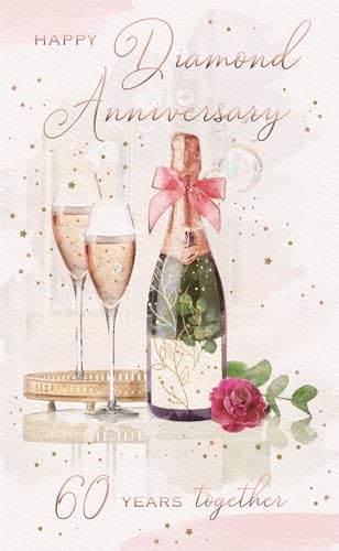 ICG 60th Milestone Diamond Anniversary Card - 60 Years - Champagne Glasses and Rose Embossed with Foil Details