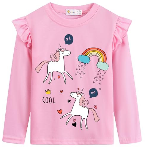 Little Hand Baby Girls Unicorn Rainbow T-Shirts Ruffled Sleeve Kids Cotton Long Sleeve Crewneck Top Tee Clothes Age 3-4 Years
