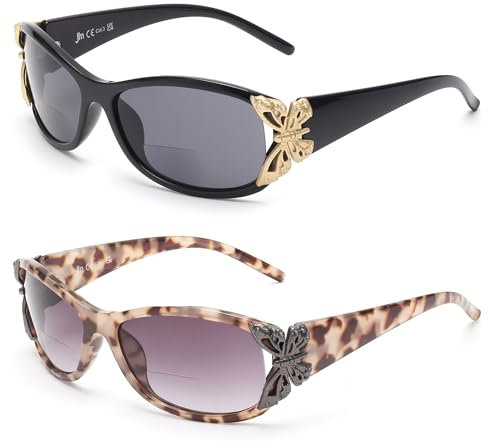 JM 2 Pack Sonnenbrille mit Sehstärke für Damen, Mode Lesesonnenbrille Schmetterling Lesebrille UV400 Schutz Schwarz & Graue Schildkröte +2.0