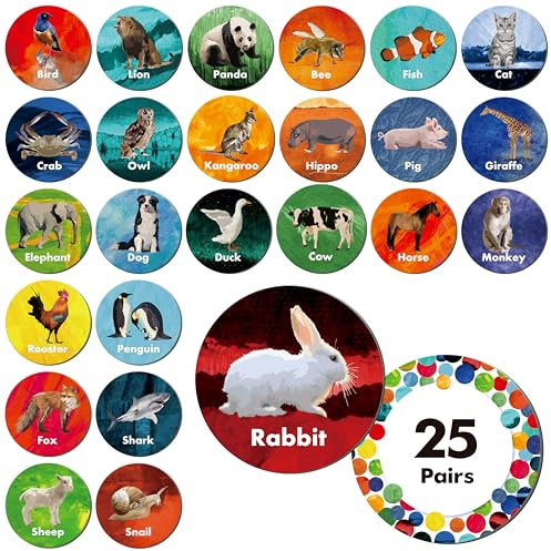 Hebayy Realistisches Tierspiel, 50 runde Tier-Gedächtniskarten für Kleinkinder, 25 Paare von echten Tier-Gedächtniskarten, pädagogisches Spielzeug