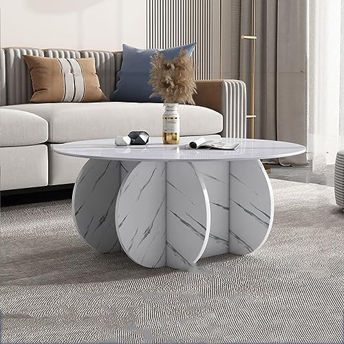 QTQHOME Table basse ronde en verre, base en bois massif et plateau en verre trempé transparent, table basse simple et moderne pour salon, terrasse (70 x 40 cm), blanc + marbre)