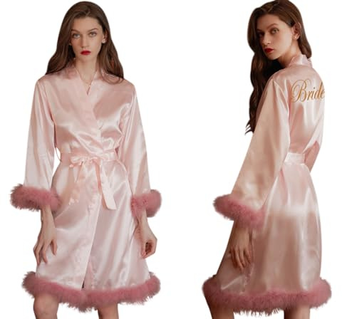 Minetom Kimono Robe Femmes Peignoir Satin Femme Robes de Chambre Chemise de Nuit Court Mariée Demoiselle d'honneur Robe de Nuit avec Ceinture