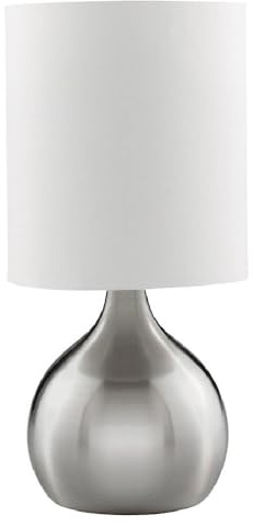 Britalia Satin Silver Chrome Metal Vintage Touch Control Table Desk Lamp with White Drum Shade | 29cm Height | 1 x SES E14 Lamp Bulb Required | UK Approved | 3 Stage Dimmer | Modern Influence