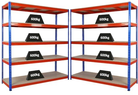 PROREGAL Mega Deal 2X Profi Schwerlastregal Bison, HxBxT 200x180x60cm mit Fachlast 600kg, 5 Fachböden, Blau-Orange, Steckregal Garagenregal Lagerregal Werkstattregal Weitspannregal