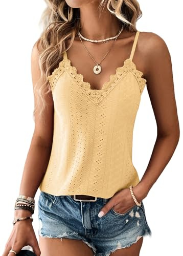 Haibang Debardeur Femme Chic et Élégant Été Top Caraco Dentelle sans Manche Bretelles Spaghetti Haut Sexy Lâche Chemise Oeillet Broderie Camisole Mode Casual Tank Tops