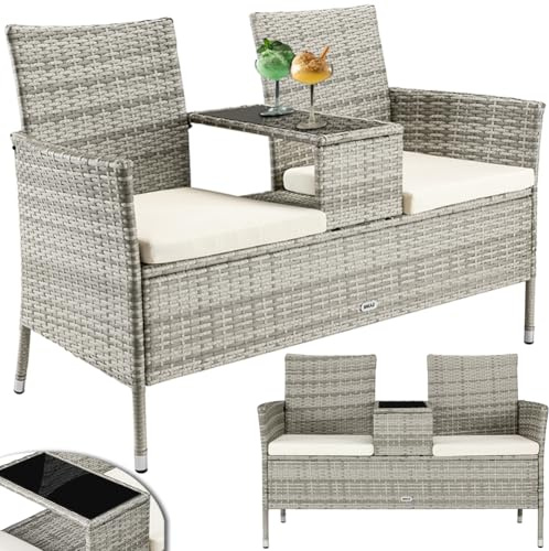 BAKAJI Panchina da Giardino in Polyrattan con Tavolo Integrato e Cuscini, Panchina 2 Posti da Esterno Resistente Ai Raggi UV e alle Intemperie, Panca Divano Ripiano Vetro 123 x 54 x 82.5 cm (Grigio)