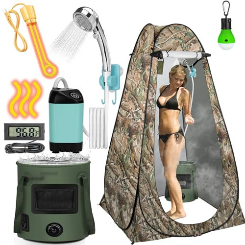 Thallike Portable Hot Shower for Camping Shower Tent Kit, 1000W Immersion Heater, Rechargeable Camping Shower Pump, Pop Up Shower Tent with 6.6 Gallons Folding Bucket for Adults Outdoor
