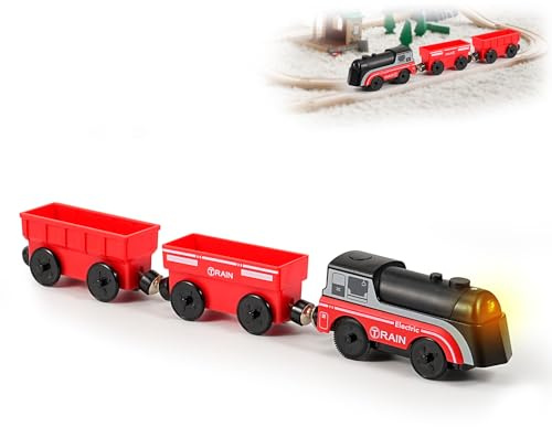 Train Toy Set for Wooden Track - 3 Pcs Magnetic Battery Operated Train for Wooden Track Light Up Electric Train Toys for 3 4 5+ Years Old Kids Boy Girl Birthday Christmas