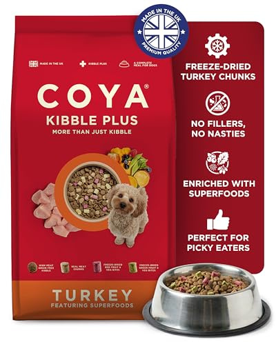 COYA Kibble Plus Dog Food, Turkey, 1.5kg, Grain Free & Hypoallergenic | Crunchy grain-free kibble with gently freeze-dried turkey, fruit and vegetables to lock in maximum taste and freshness