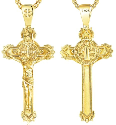 CELESTIA Kreuz Kette Herren Kreuzkette Gold Damen Benedikt Kreuz Halskette 925 Silber Kruzifix Kette Vergoldet Silber Kette mit Kreuz Jesus Kreuz Kette Christliche Geschenke