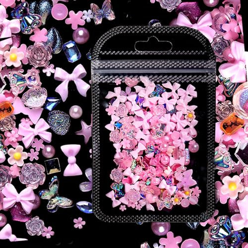 Bdfgh 200Pcs Nail Charms Pink Charms for Nails, 3D Nail Art Charms, DIY Nail Art Accessories Resin Bow Nail Char, Mixture Butterfly Nail Supplies Decorations Assorted Mixture