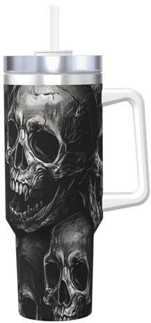 Zsuugj Black Skull 40 Oz Tumbler With Handle And Straw Lid Car Cup Stainless Steel Water Bottles Insulated Coffee Cup Travel Mug Gifts For Men Women