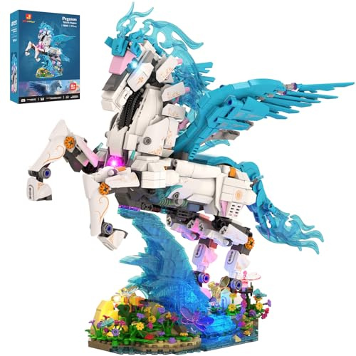 JMBricklayer Woodland Pegasus Klemmbausteine Erwachsene 70015 mit LED | Lichtsensor-Beleuchtung, floraler Sockel und dynamische Flugpose – Fantasy-Sammlermodell für Baumeister ab 14 Jahren