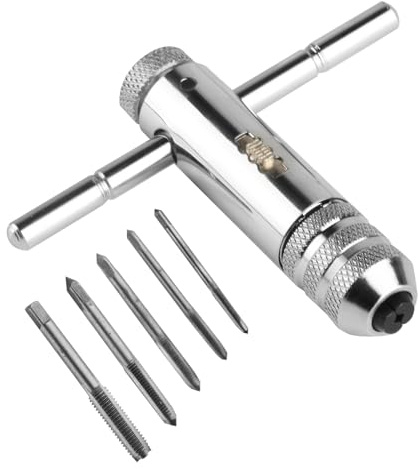 T Handle Tap Wrench Set, Adjustable T-Handle Ratchet Tap Wrench Tool | Re-Threading Tools, with 5 Pcs M3-M8 Metric Metal Hand Thread Taps forTap and Die Sets, Metric Plug T-Shaped Taps