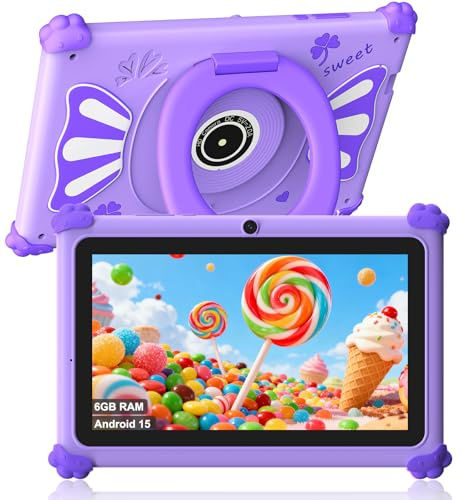 ascrecem Kids Tablets 7 Inch Android 15 Toddler Tablet for Kids with 2.4G+5G WiFi6 Penta Core 6GB RAM 32GB ROM Baby Tablet Dual Camera 128GB Expandable Parental Control Educational Games (Purple)