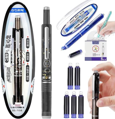 tkerinse Retractable Fountain Pen, Protectivemethod Fountain Pen Retractable, 0.38mm Blue&Black Ink Transparent Barrel Includes 5 Refillable Ink Cartridges for Smooth Writing No Leaking School Office