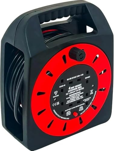 4 Way Gang 20M Extension Reel Heavy Duty Cassette Lead Cable Mains Socket 20A Metre Suitable for Indoor & Outdoor Use | Bag Shape