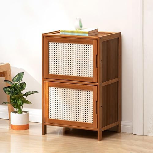 SQYHYTS Rattan Schuhschrank Schuhregal Mit Schranktüren 6-stöckig Schuhkipper Schuhaufbewahrung Bambus Höhe 68–126cm Schuhablage Schuhkommode Für Eingang, Wohnzimmer, Flur,Tea Brown,43×32×68cm