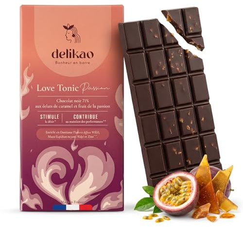 LOVE TONIC PASSION – Tablette de Chocolat Gourmand 90 g – Caramel - Fruit de la Passion - Gibembre – Fabriqué en France - Chocolat à Offrir pour un Moment de Plaisir à Deux (Passion, 1 tablette)
