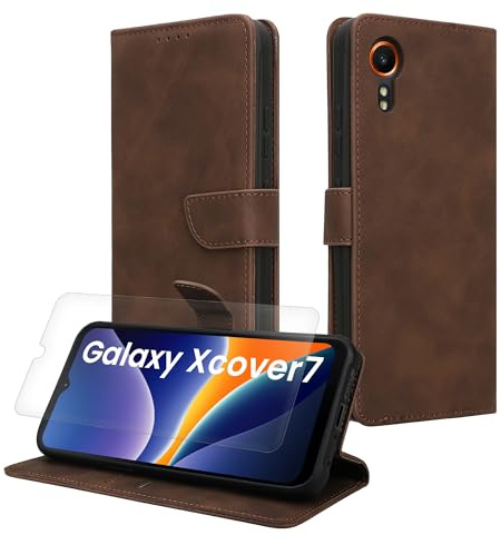 kwmobile Kunstleder Handyhülle kompatibel mit Samsung Galaxy Xcover7 Hülle - Brieftaschen Schutzhülle aus PU-Leder mit Displayschutz und RFID-Schutz - Dunkelbraun