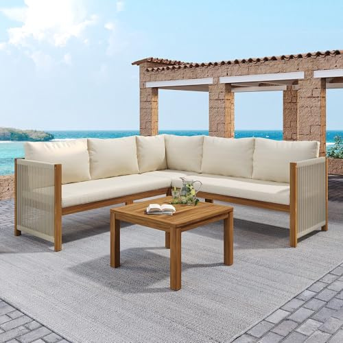 Lahoomu Gartenmöbel-Set, Ecksofa + Couchtisch, Akazientischplatte, geflochtenes Seilhandwerk, Beige