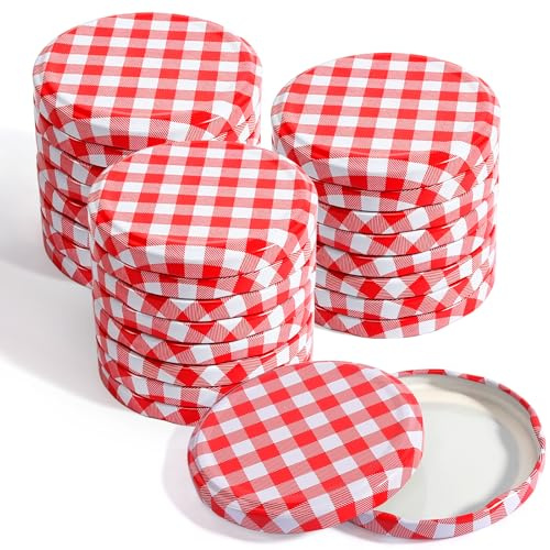 Lot de 60 couvercles Twist off 82 mm pour bocaux Rouge-Blanc à carreaux, couvercles à vis pour bocaux, couvercles de rechange pour bocaux, convient pour 230/350/435 ml / 565 ml