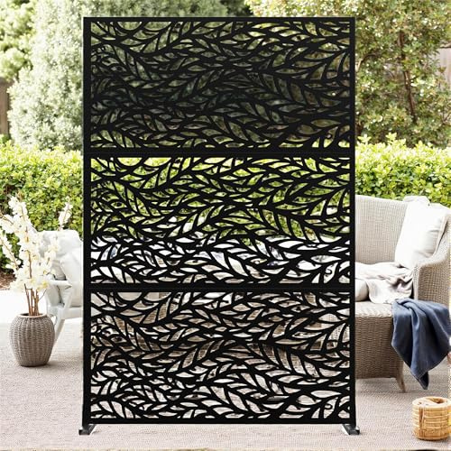 Sichtschutz Metall, Freistehender Paravent 183x119 cm, Wetterfester Sichtschutz Für Garten, Terrasse & Balkon, Raumteiler Mit Ständer, Verzinkter Stahl Für Outdoor & Deko, Blätter Schwarz